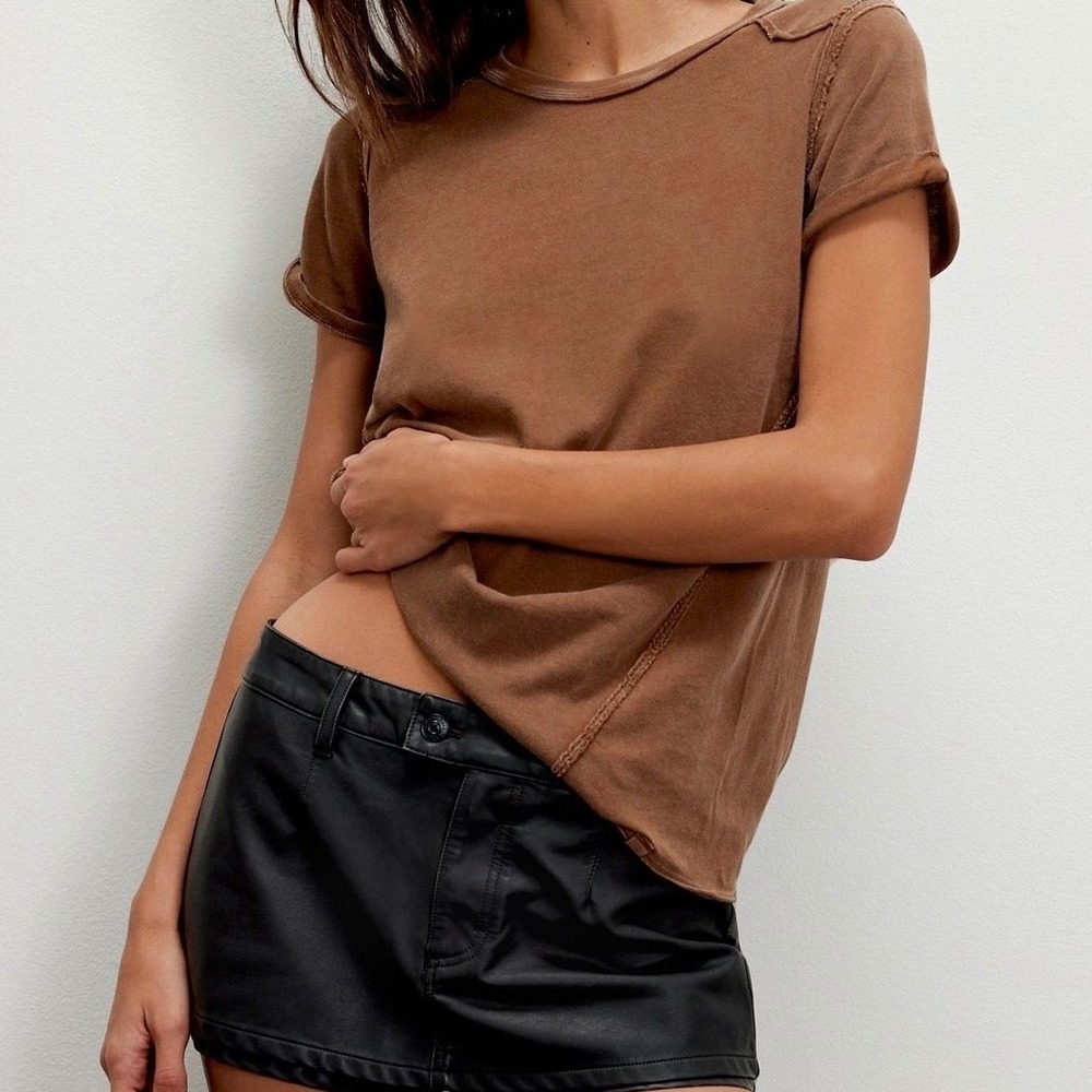 We The Free Free People Womens XL Toffee Brown Exposed Seam Cotton T-Shirt New